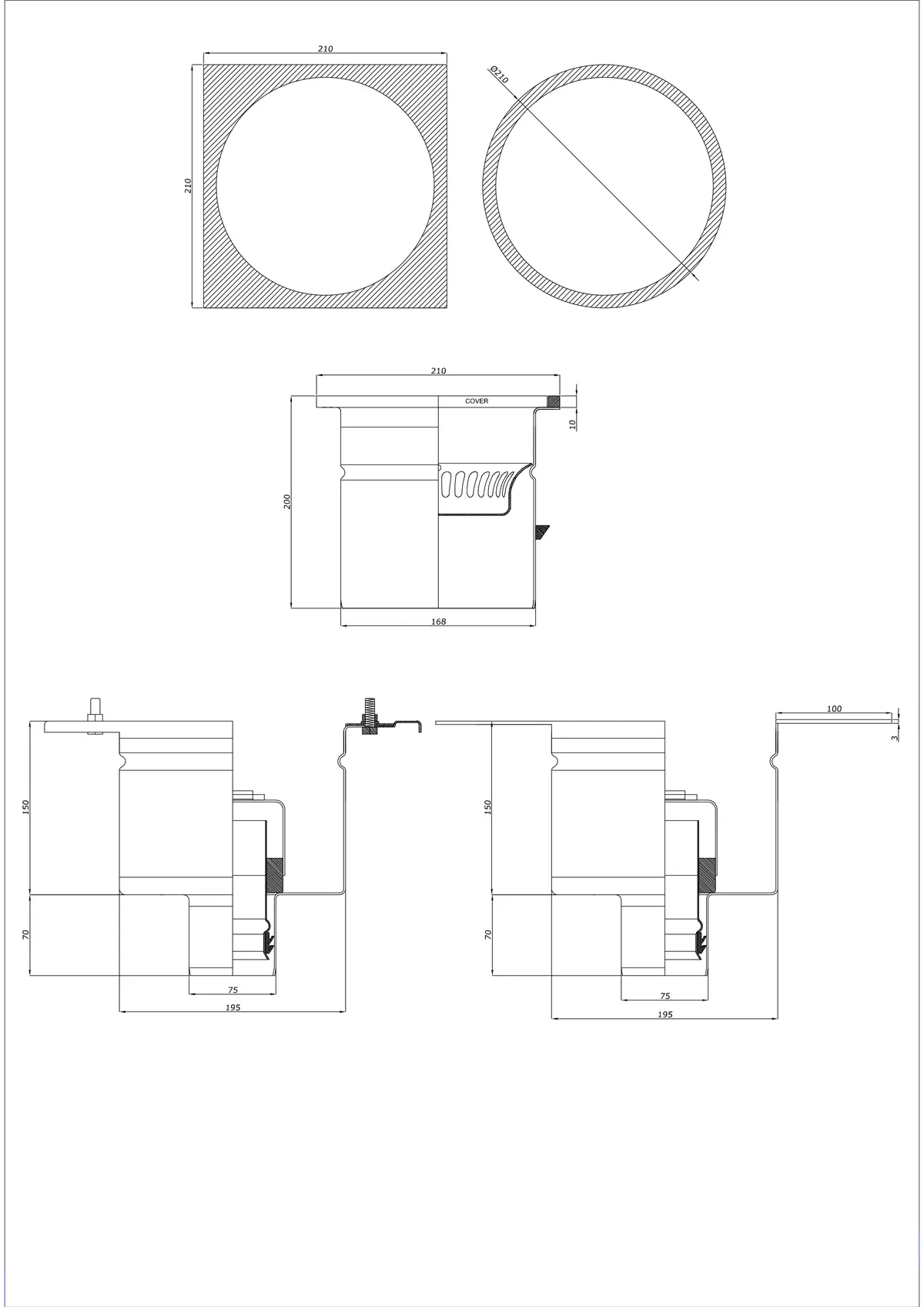 Wpust Podłogowy BK_KRDO 210/210x210 DN 75 - Dwuczęściowy Pionowy - Wersja krągła/kwadratowa