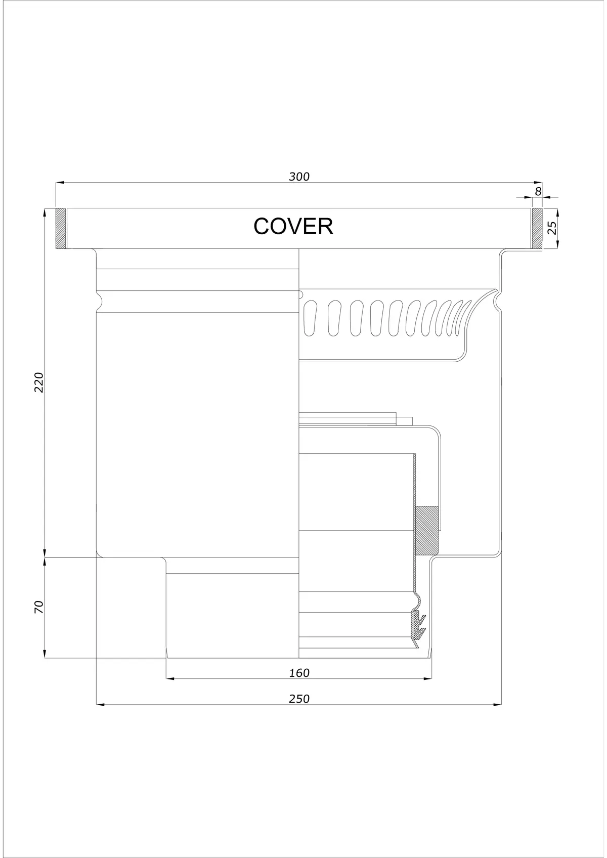 Wpust Podłogowy BK_KROD 300 DN 160 z Rantem 25x8mm - Jednoczęściowy Pionowy 
