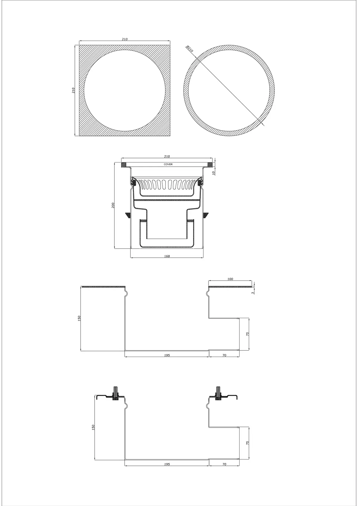 Wpust Podłogowy BK_KRBO 210/ 210x210 DN 75 - Dwuczęściowy Poziomy - Wersja okrągła/kwadratowa