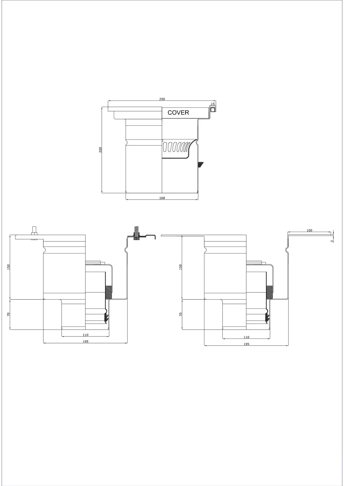 Wpust Podłogowy BK_KRD 250x250 DN 110 - Dwuczęściowy Pionowy 