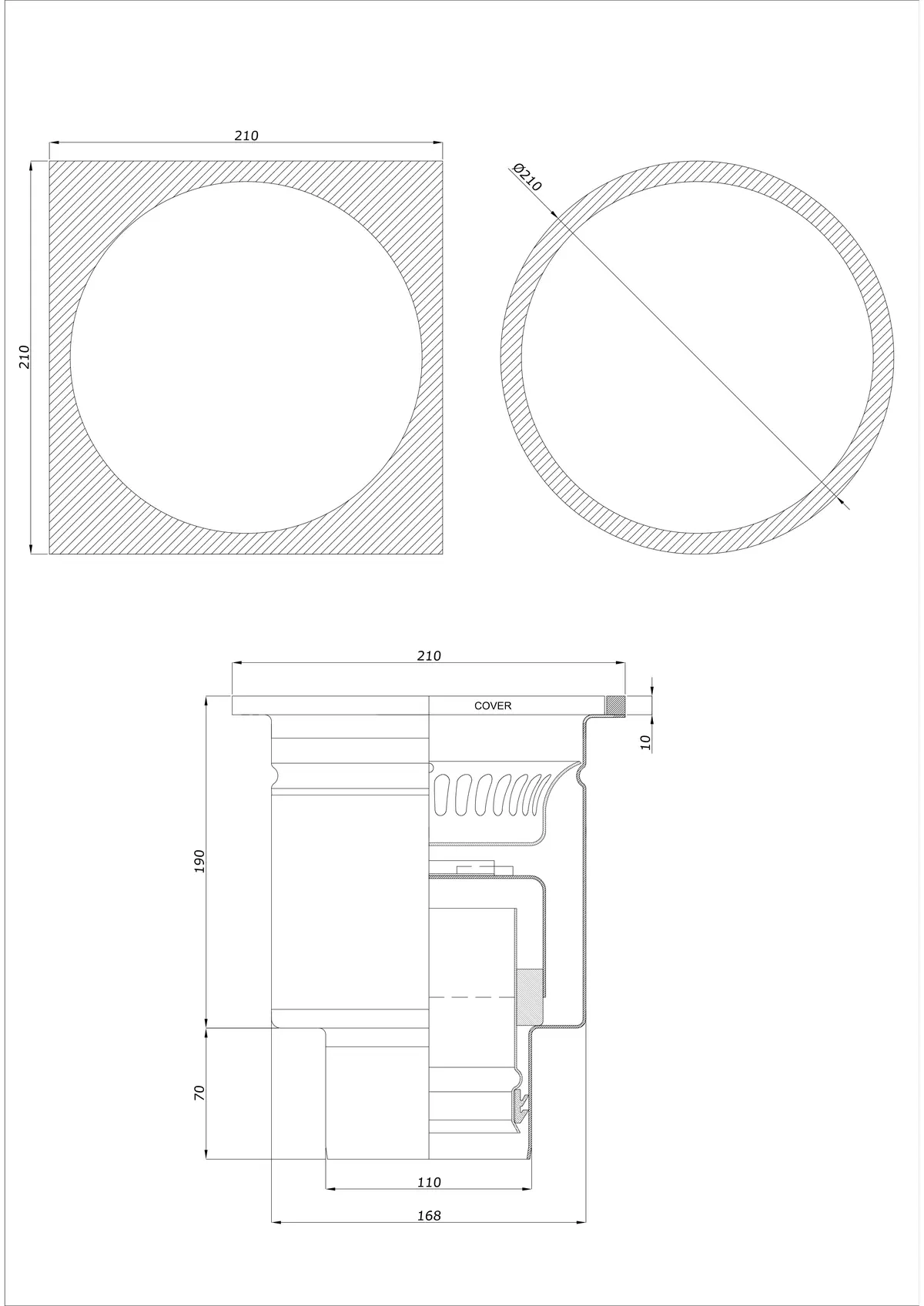Wpust Podłogowy BK_KRDO 210/210x210 DN 110 - Jednoczęściowy Pionowy - Wersja okrągła/kwadratowa