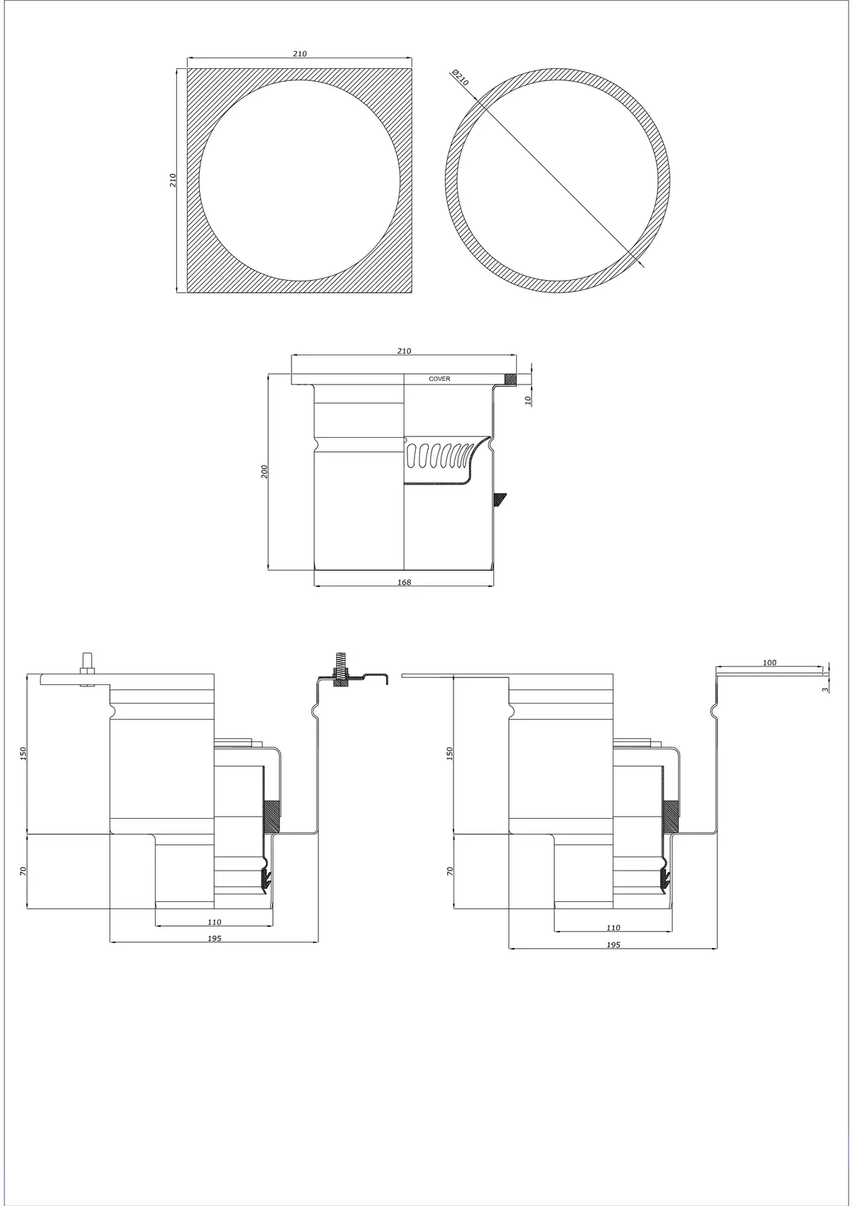 Wpust Podłogowy BK_KRDO 210/210x210 DN 110 - Dwuczęściowy Pionowy - Wersja okrągła/kwadratowa