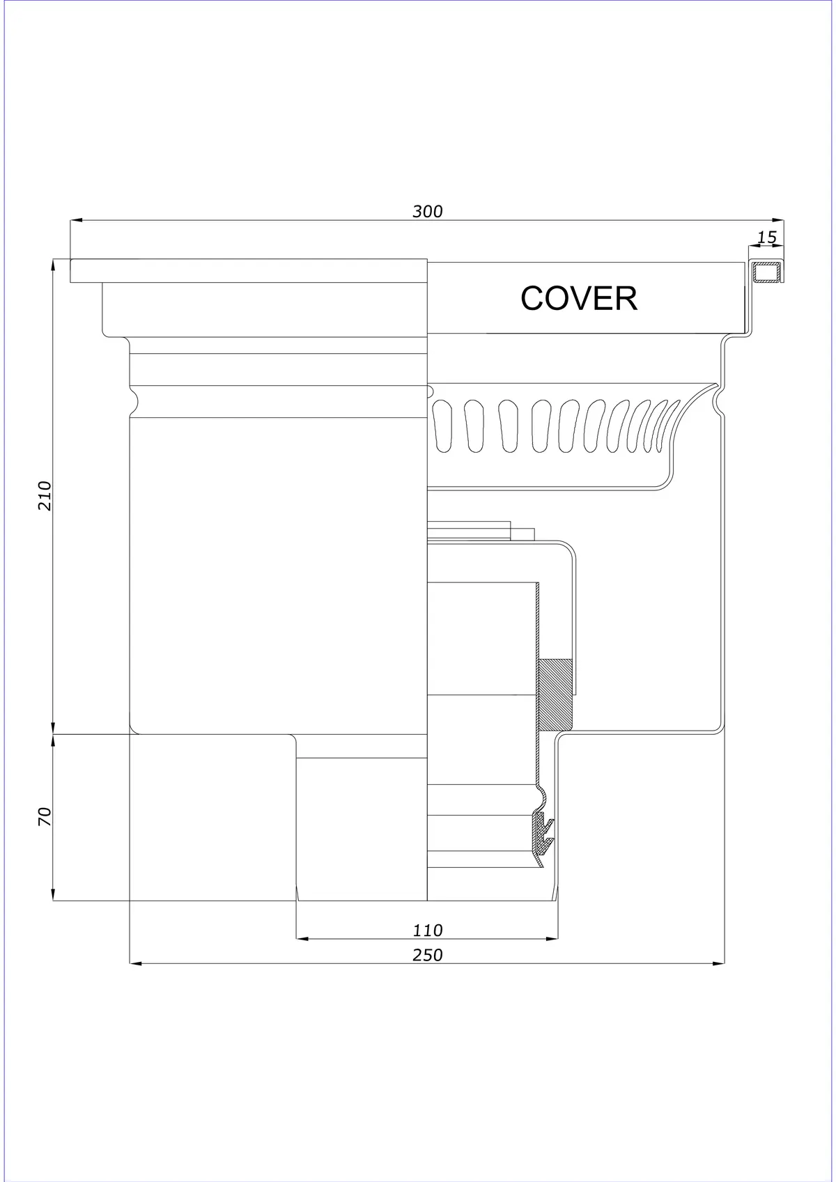 Wpust Podłogowy BK_KRD 300x300 DN 110 - Jednoczęściowy Pionowy 