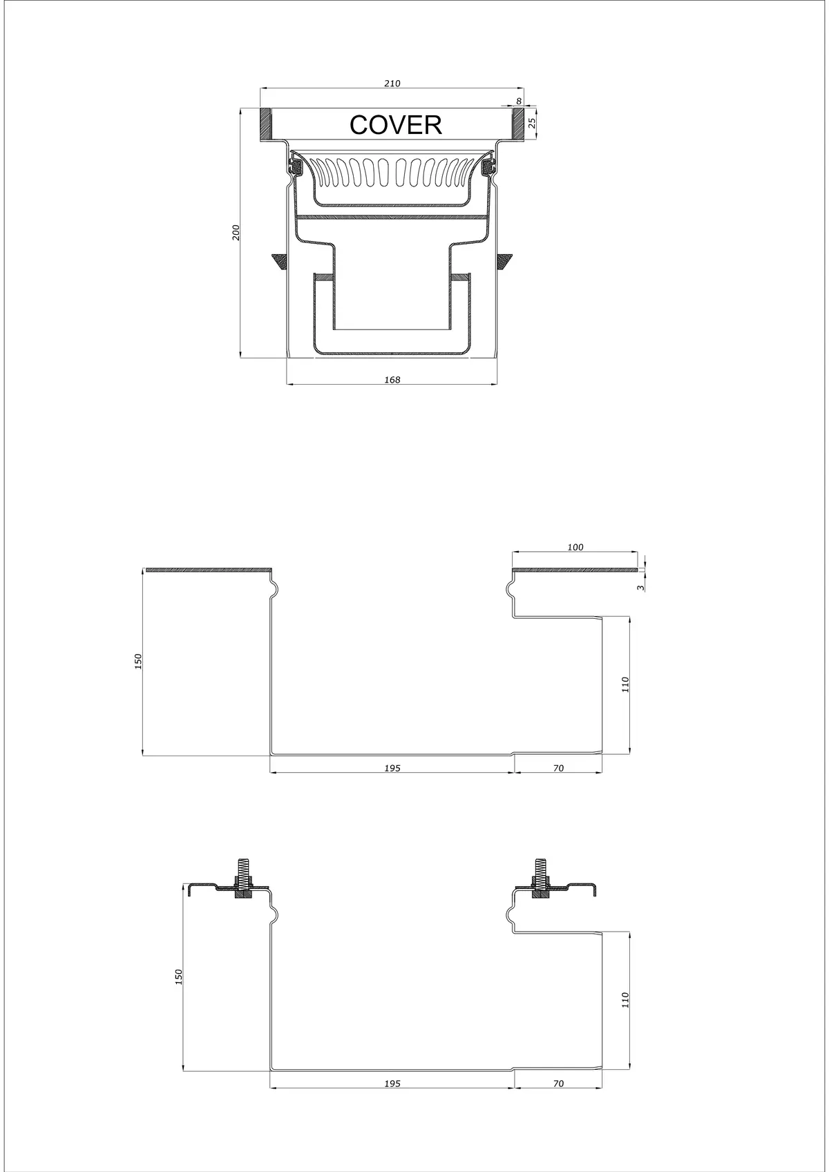 Wpust Podłogowy BK_KROB 210 DN 110 z Rantem 25x8mm - Dwuczęściowy Poziomy 