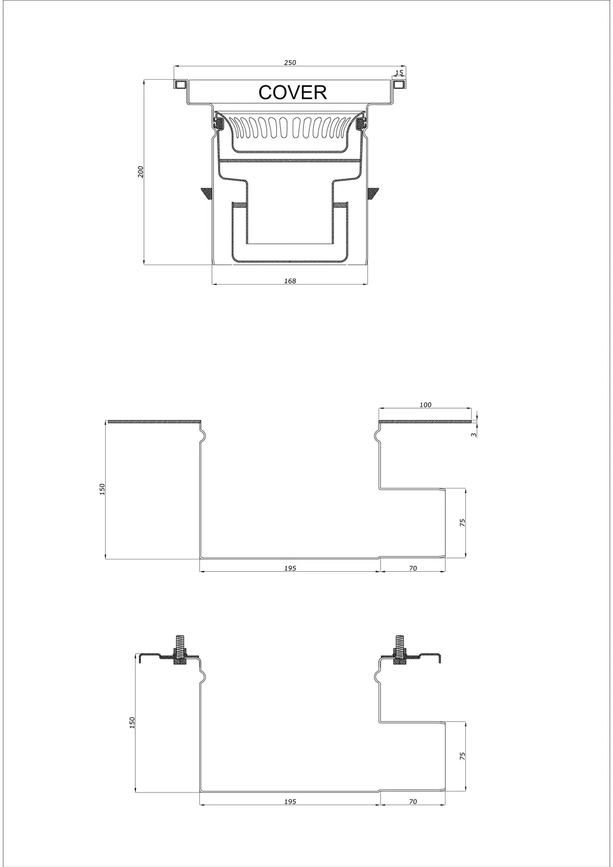 Wpust Podłogowy BK_KRB 250x250 DN 75 - Dwuczęściowy Poziomy 
